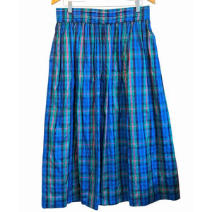 Vintage Susan Bristol 100% Silk Skirt Size 16 Plaid Pleated Blue Tartan Preppy